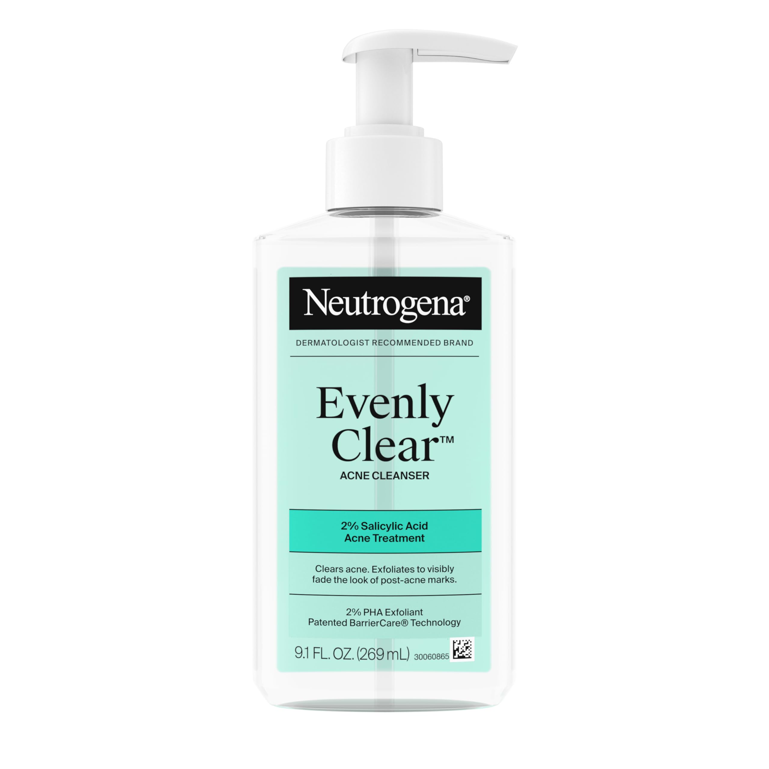 Neutrogena Evenly Clear Acne Cleanser with 2% Salicylic Acid & 2% PHA Exfoliant, Gentle Foaming Face Wash Clears Clogged Pores & Blackheads While Visibly Fading Look of Post-Acne Marks, 9.1 fl. oz