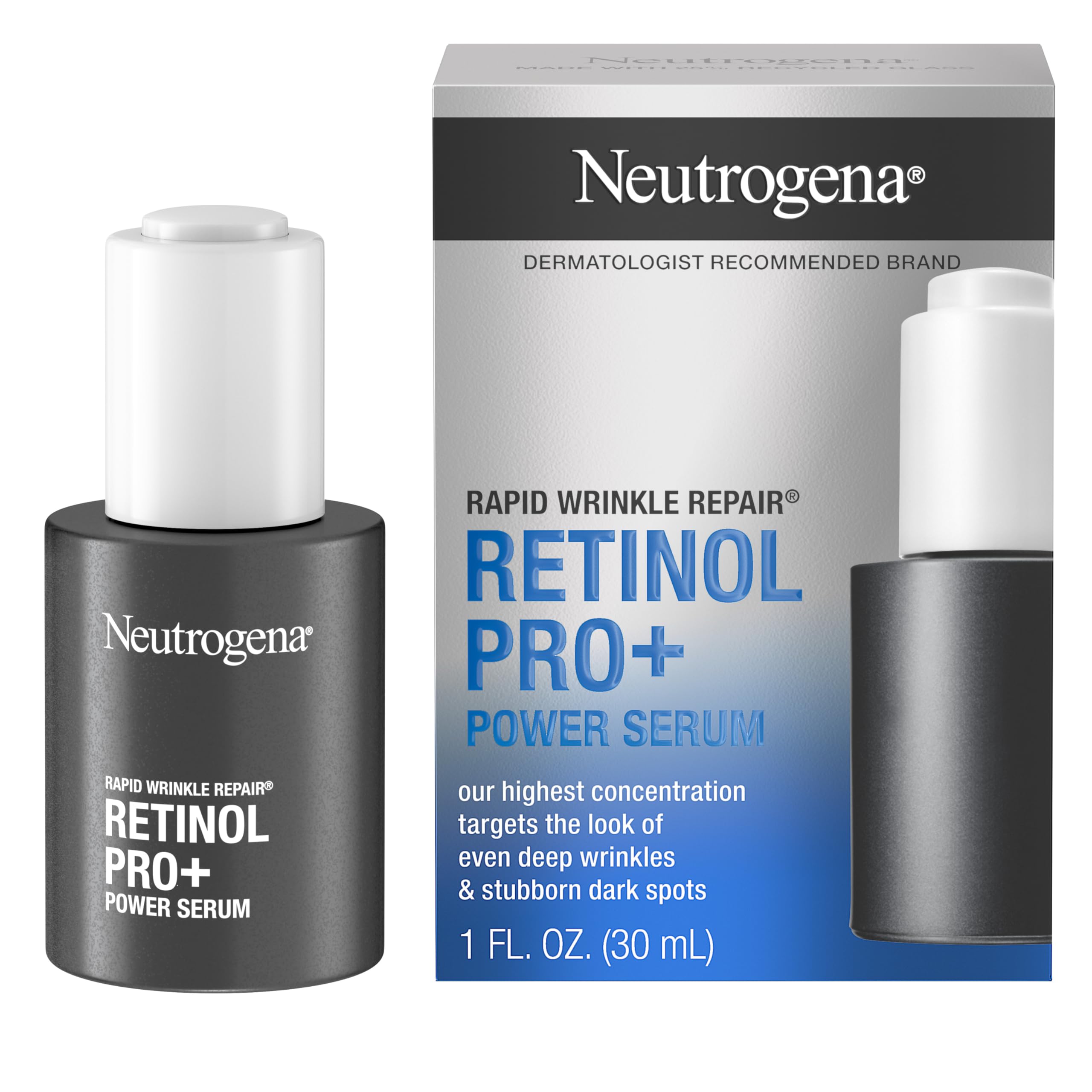 Neutrogena Rapid Wrinkle Repair Retinol Pro+ Power Facial Serum, Gentle Anti-Aging Face Serum with Pure Retinol & Nourishing Emollients, Non-Comedogenic, Paraben-Free, 1 fl. oz