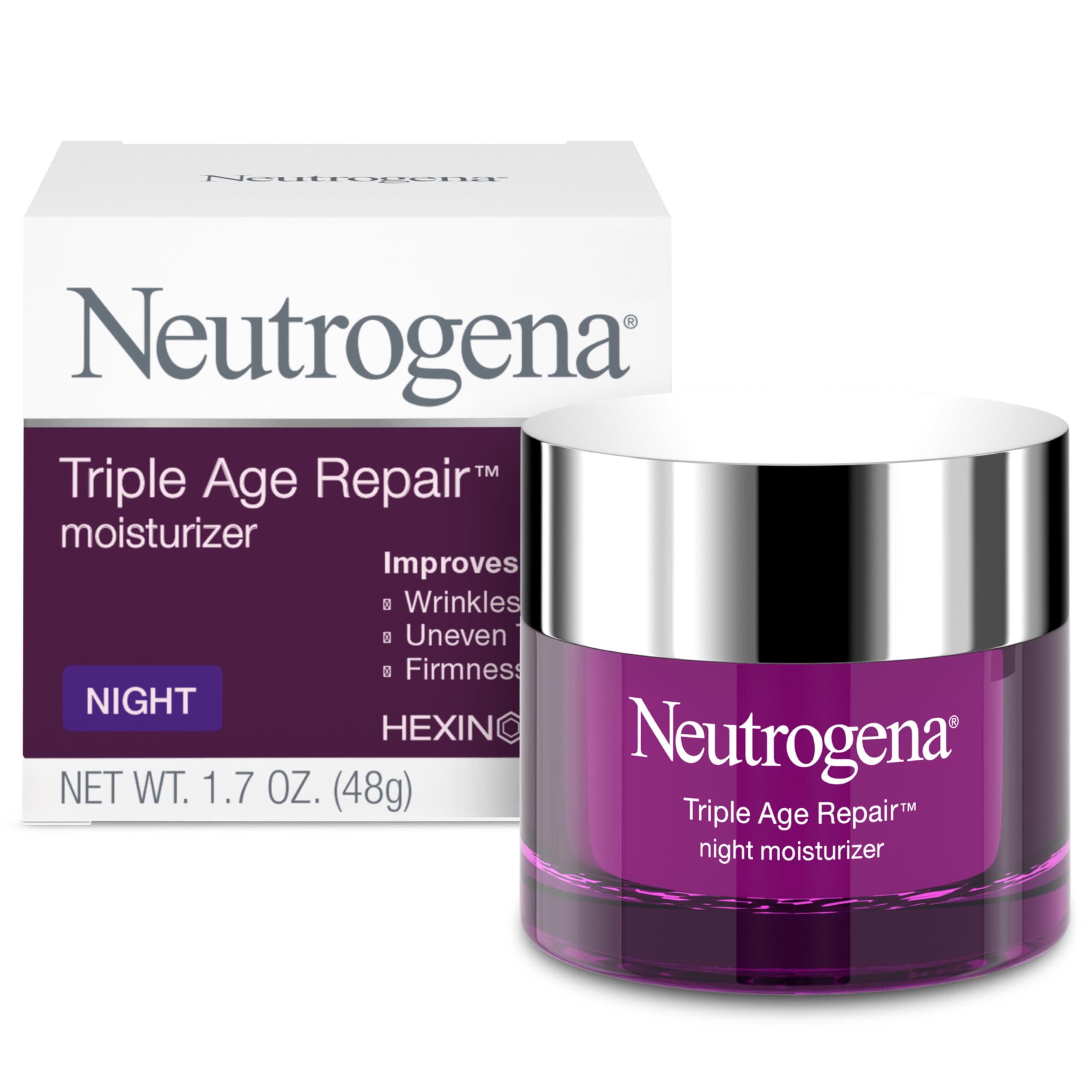 Neutrogena Triple Age Repair Night Face Moisturizer - with Hexinol Technology & Vitamin C, Anti-Wrinkle Face Cream, Visibly Reduces the look Wrinkles & Firms Skin While You Sleep, 1.7 oz