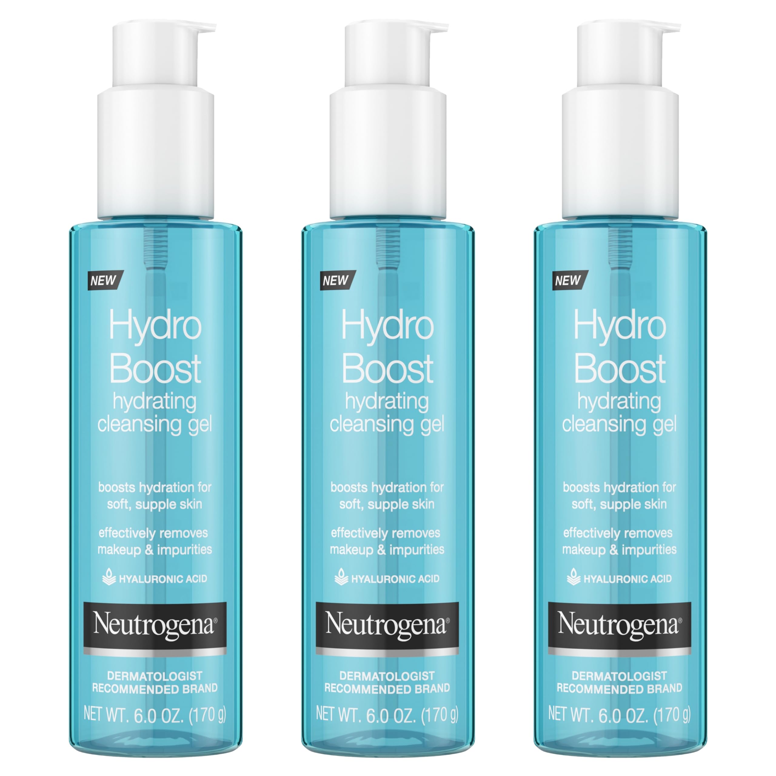 Neutrogena Hydro Boost Lightweight Hydrating Facial Cleansing Gel, Gentle Face Wash & Makeup Remover with Hyaluronic Acid, Hypoallergenic & Non Comedogenic, 6 oz, Pack of 3