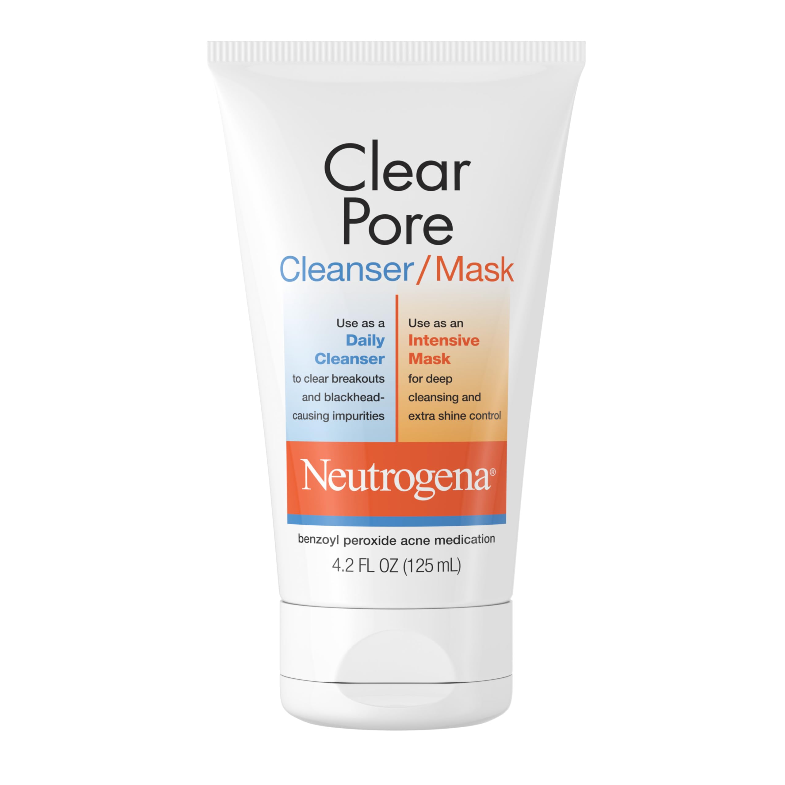 Neutrogena Clear Pore 2 in 1 Facial Cleanser/Face Mask with Kaolin & Bentonite Clay & 3.5% Benzoyl Peroxide Acne Treatment Medication, Daily Face Wash & Shine Control Clay Mask, 4.2 fl. Oz (Pack of 6)