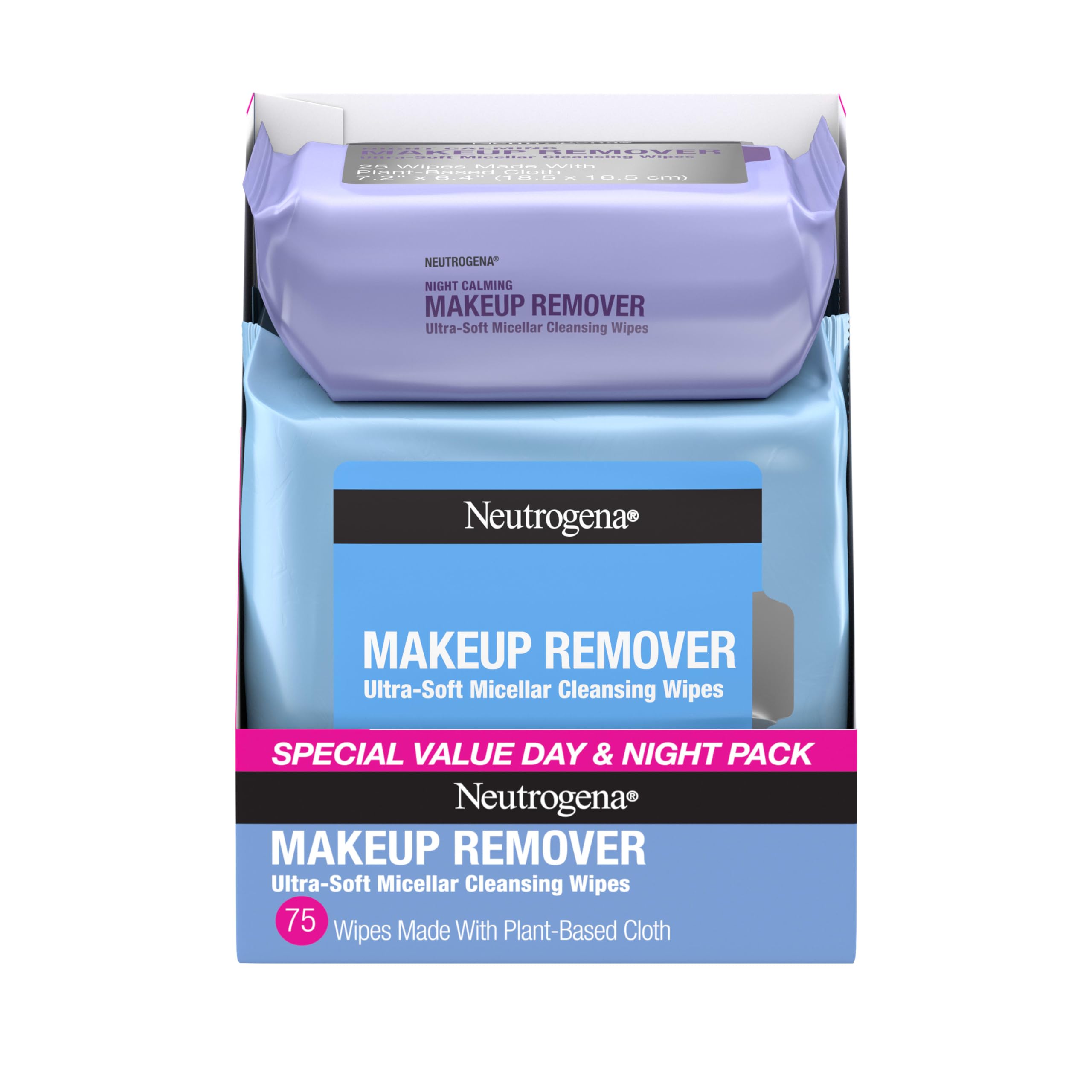 Neutrogena Day & Night Facial Cleansing Wipes, Makeup Remover Face Cleansing Towelettes & Night Calming Facial Cloths, 100% Plant Based Fibers Wipe Away Dirt & Oil, (3 Packs of 25)