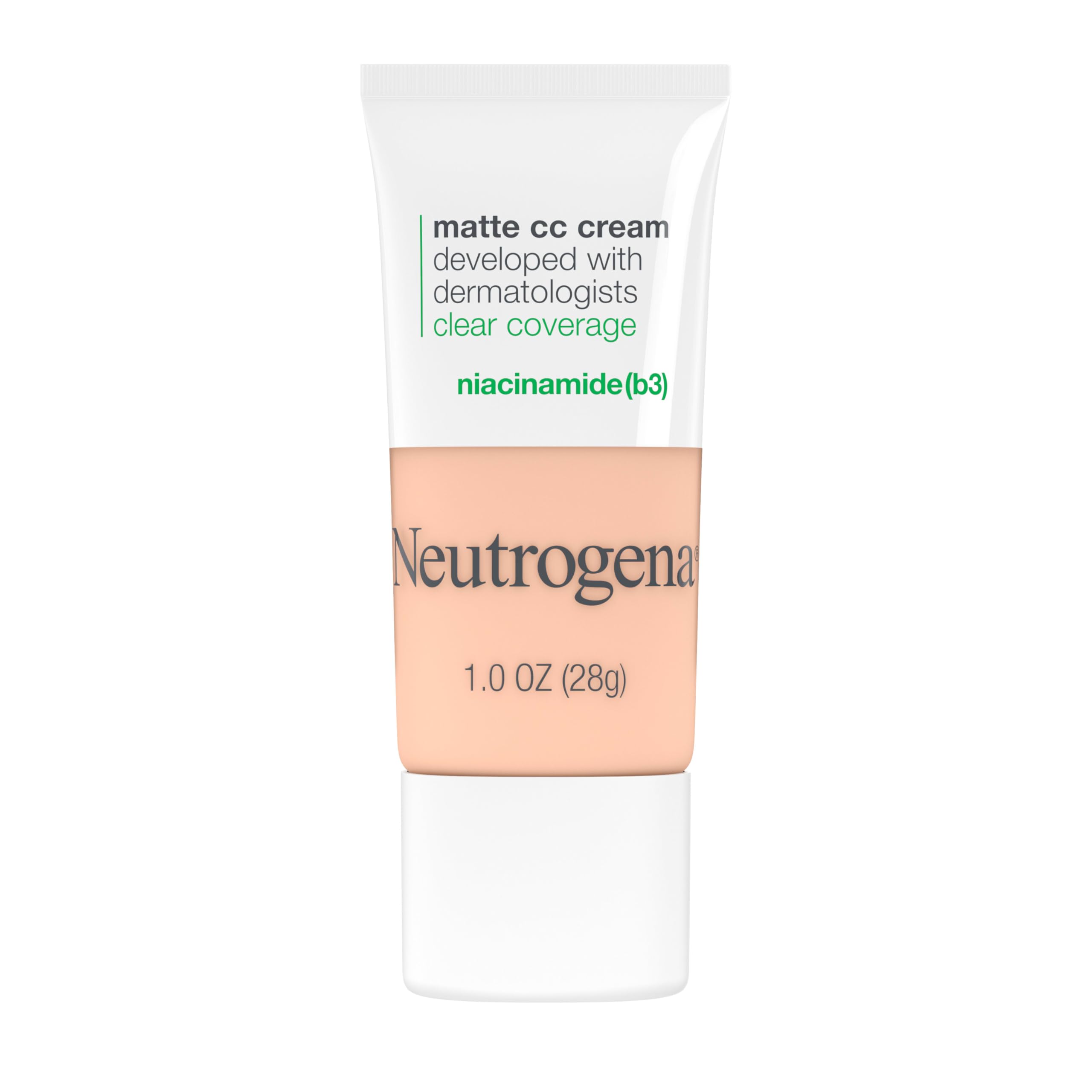 Neutrogena Clear Coverage Flawless Matte CC Cream, Full-Coverage Color Correcting Cream Face Makeup with Niacinamide (b3), Hypoallergenic, Oil Free & Fragrance Free, Shell, 1 oz