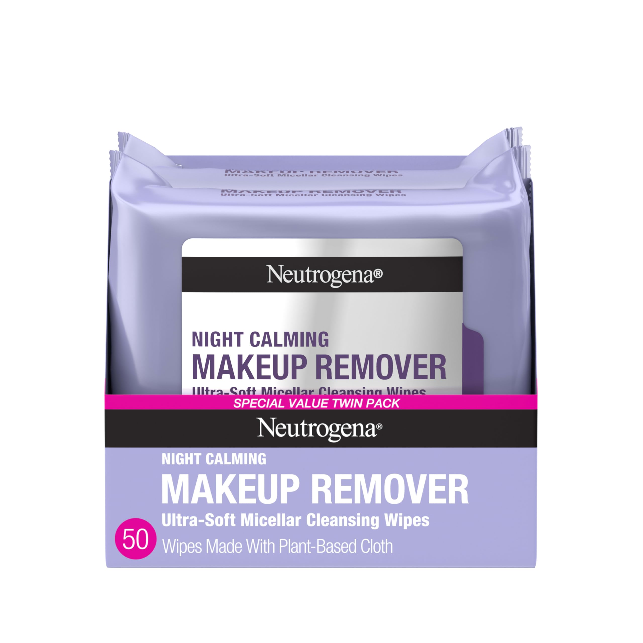Neutrogena Night Calming Makeup Remover Face Wipes, Nighttime Cleansing Towelettes Remove Sweat, Dirt & Makeup & Calms Skin, Hypoallergenic, 100% Plant Based Cloth, Twin Pack, 2 x 25 ct