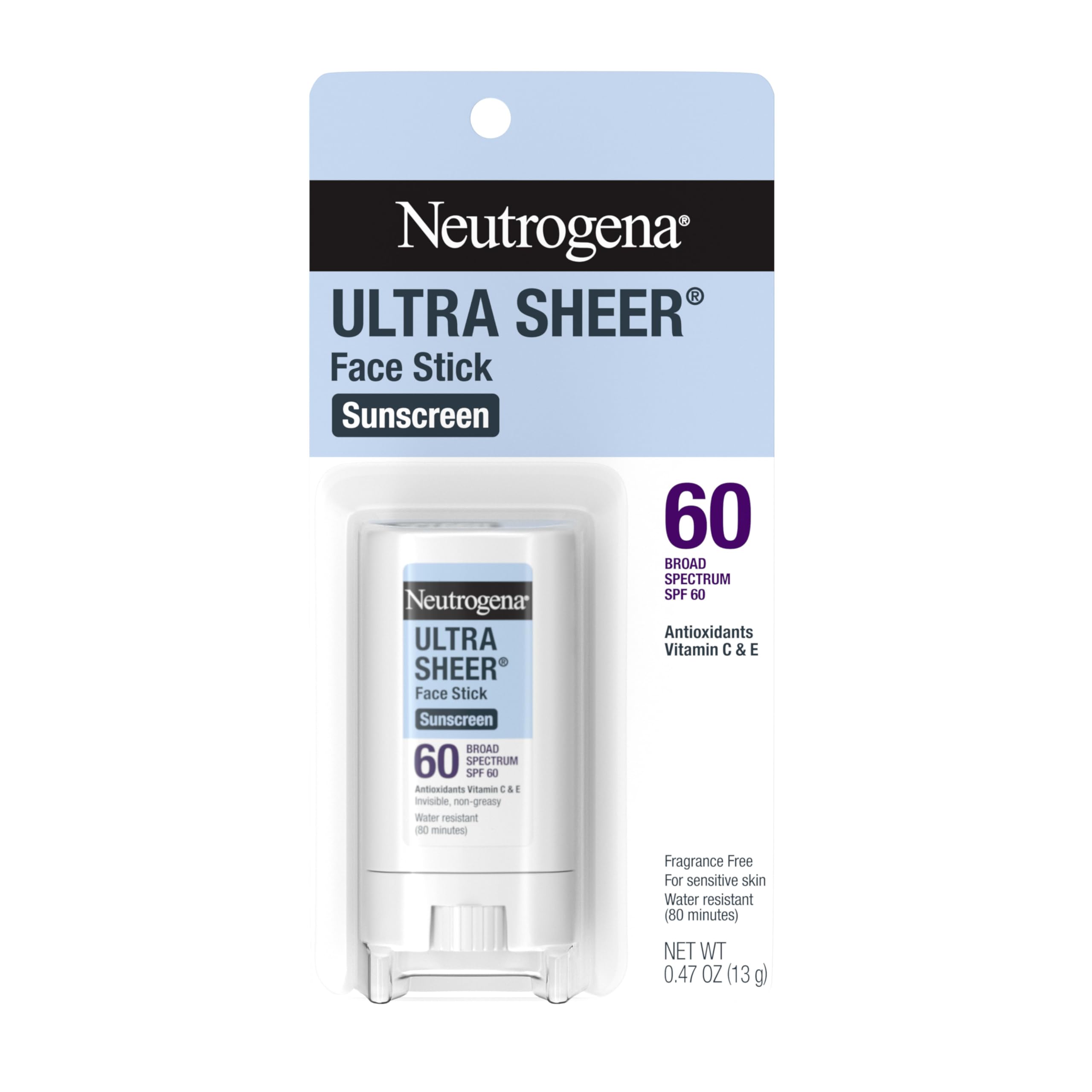 Neutrogena Ultra Sheer Face Sunscreen Stick SPF 60, Sensitive Skin Care, Mess-Free Broad Spectrum Sun Protection, Water Resistant Travel Size Sunscreen for Face, Oxybenzone-Free, .47 oz