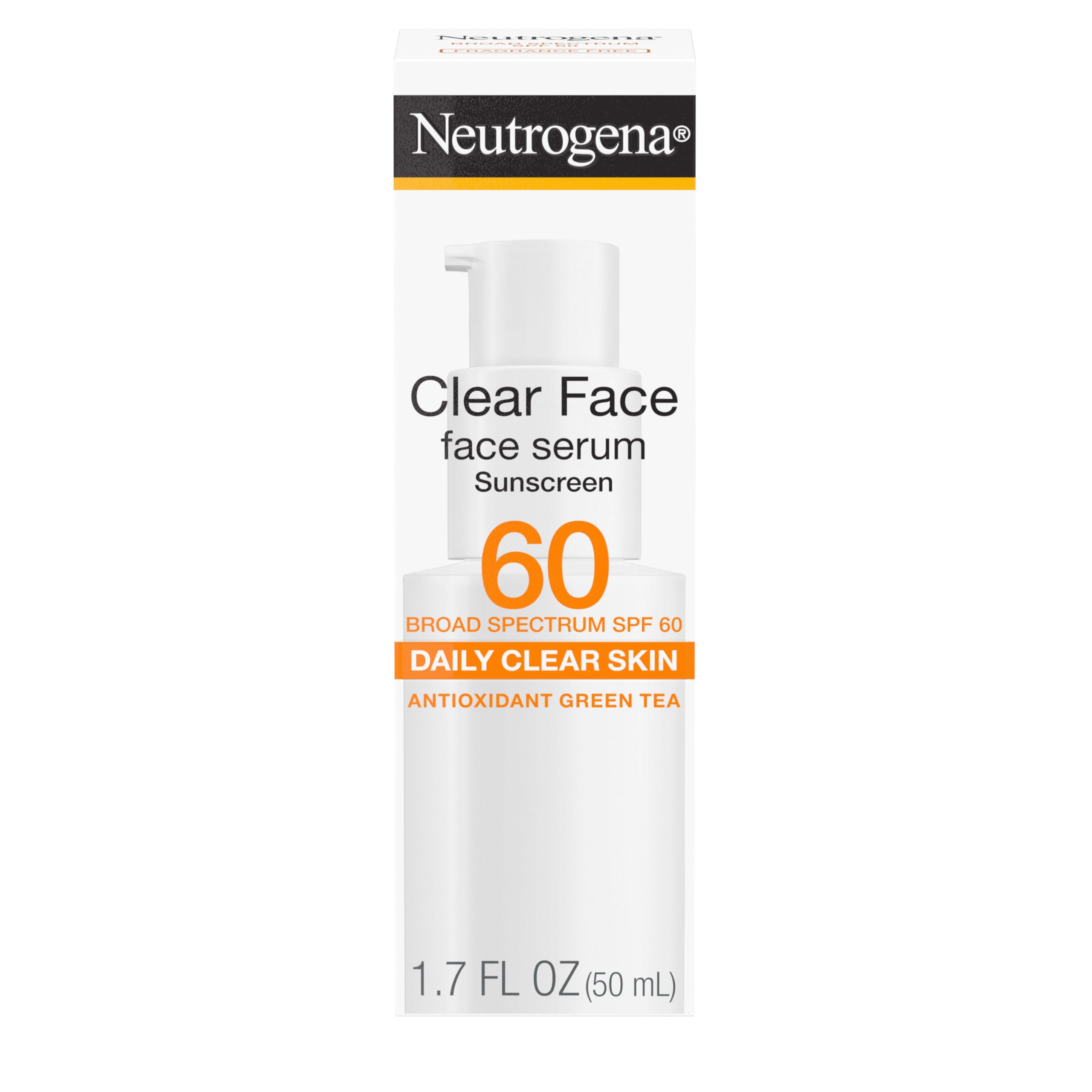 Neutrogena Clear Face Serum Sunscreen with Green Tea, Broad Spectrum SPF 60, Non-Comedogenic Face Sunscreen for Lightweight UVA/UVB Protection, Oxybenzone- & Fragrance-Free, 1.7 fl. oz