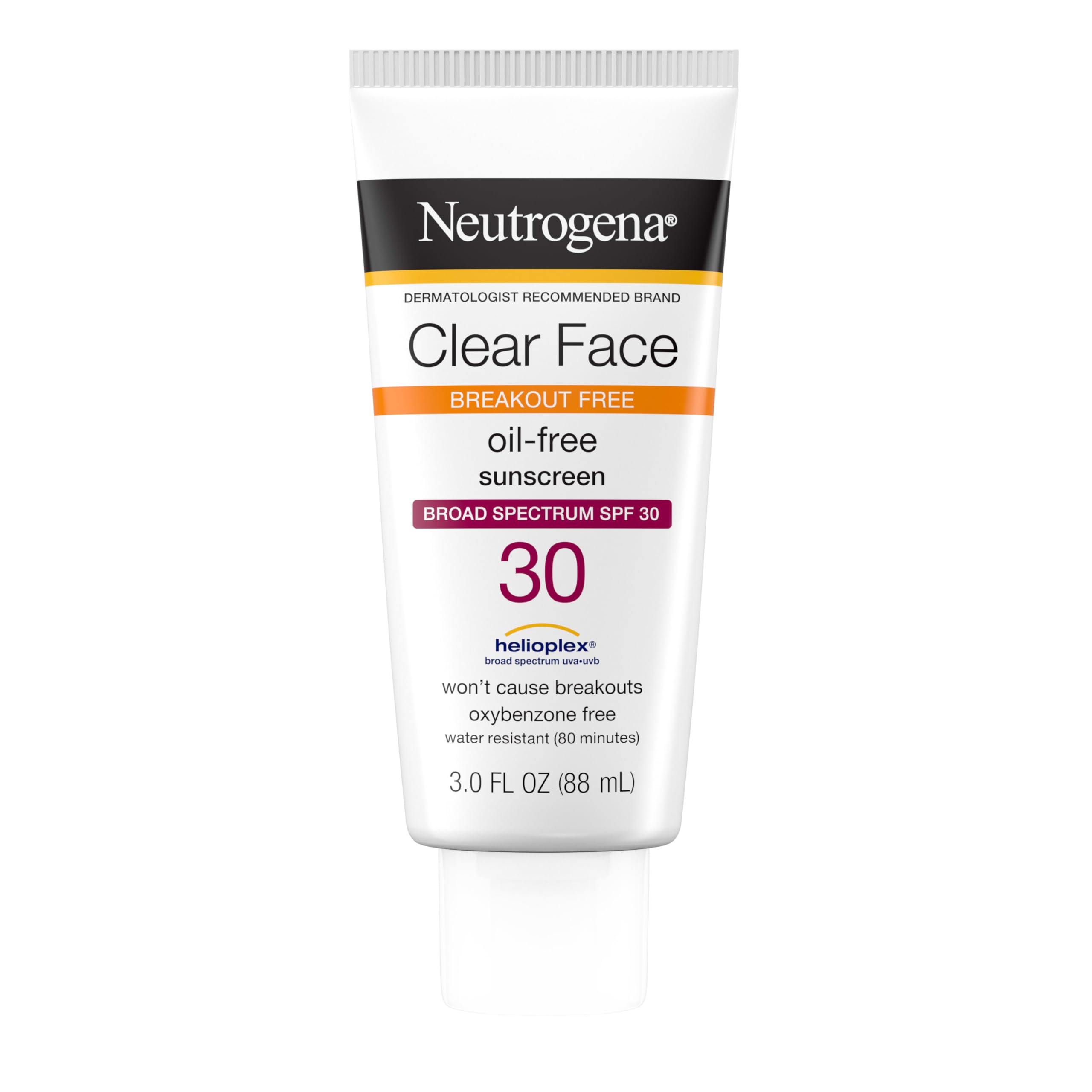 Neutrogena Clear Face Sunscreen Lotion for Acne-Prone Skin, Broad Spectrum SPF 30 Facial Sunscreen for Oily Skin, Fragrance- & Oxybenzone-Free Water Resistant, 3 fl. oz